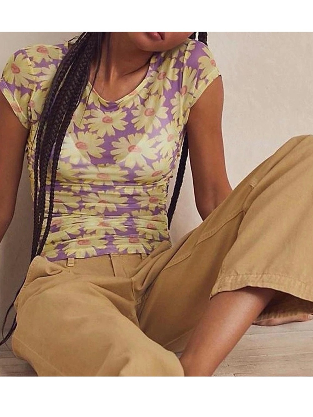 NEW Intimately Free People Ruched Floral Top mesh daisy yellow purple sz S